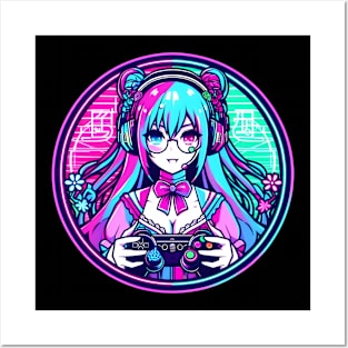 Neon pink blue gamer girl Posters and Art